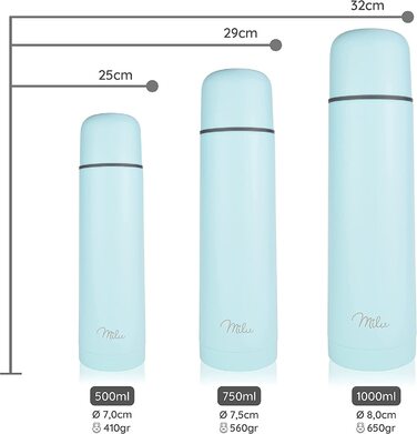 Термос Milu Термос Термос ізольована пляшка 1 л, 750 мл, 500 мл-ізольована пляшка для пиття з нержавіючої сталі, 100 герметичність, ізоляція з подвійними стінками (Блакитний, 500 мл)