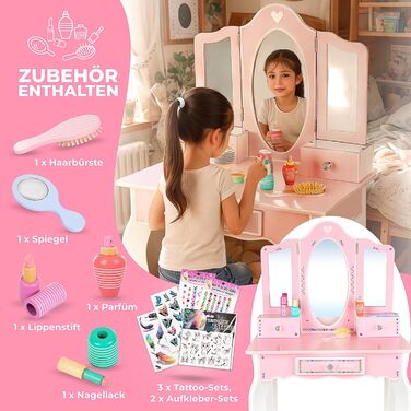 Дитячий туалетний столик Kinderplay Green з дзеркалом та стільчиком – Рожевий комплект для гри та макіяжу