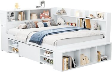 Дитяче ліжко 90x200 з ящиками, полицями та бар'єром, функціональне ліжко з дерева, без матраца, біле