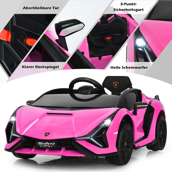 Дитячий електромобіль Lamborghini 12V з пультом, ременем безпеки, підсвіткою, музикою та сигналом, рожевий, для дітей від 3 років