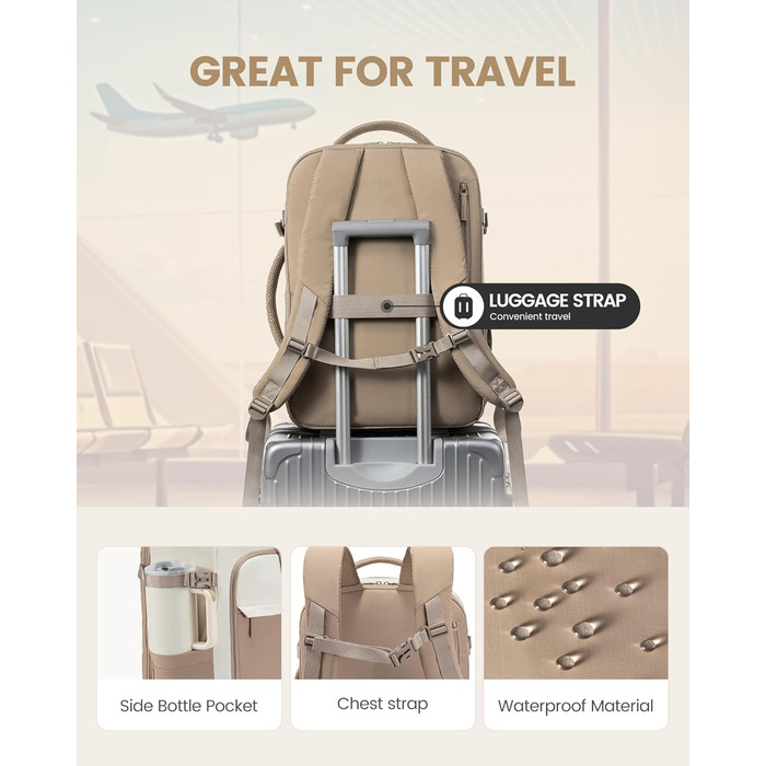 Рюкзак жіночий LOVEVOOK 40L для подорожей та авіаперельотів, Carry On, Beige Khaki, 17 дюймів