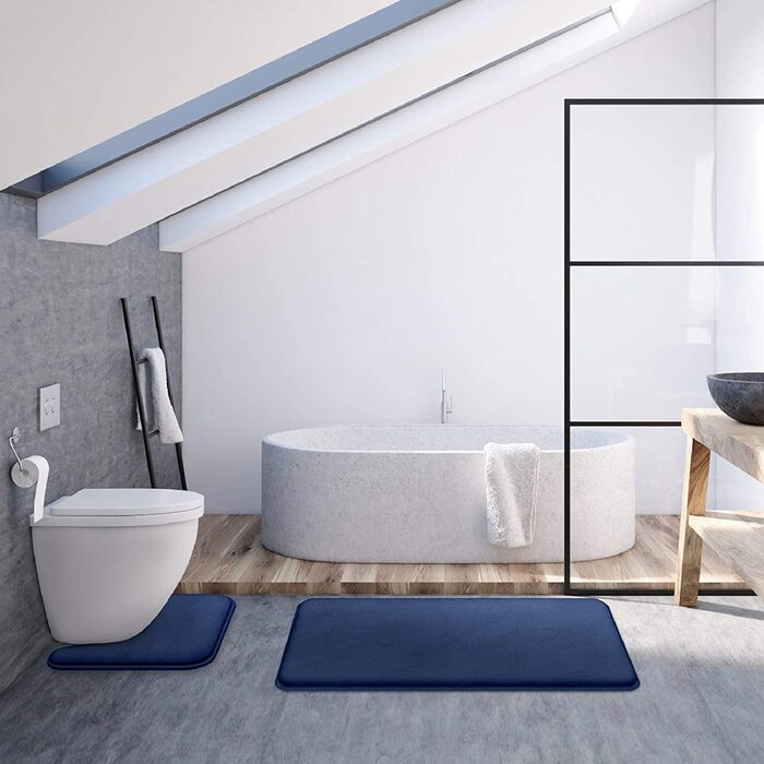 Килимок для ванної MEKO з ефектом пам'яті, 2 комплекти протиковзкий килимок для ванної і всмоктуючий U-подібний контурний килимок килимок для ванної Душ, можна прати в пральній машині і дуже м'який (темно-синій)