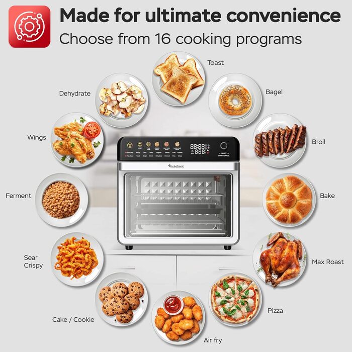 Багатофункціональна піч TurboTronic Multi Smart Oven 16-в-1: піч, фритюрниця, дегідратор, гриль, піч для піци. Об'єм 34 л, 2200 Вт, до 1 кг картоплі фрі, 40-350°C.