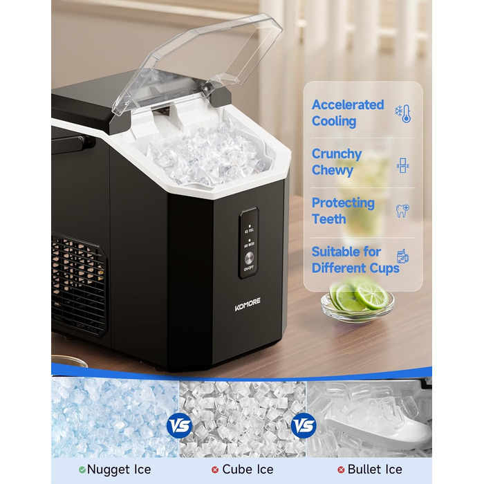 Машина для приготування морозива Komore, 15 кг/день, швидка (5 хв), портативна, з лопаткою та кошиком, самоочищення, для дому та офісу, чорна