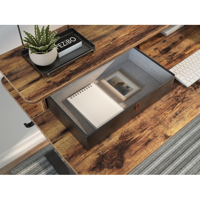 Барний стіл FEZIBO з регульованою висотою та повністю укомплектованою стільницею, 120 x 60 см, стіл для роботи сидячи та стоячи з подвійними шухлядами, чорний каркас/рустикально-коричнева поверхня