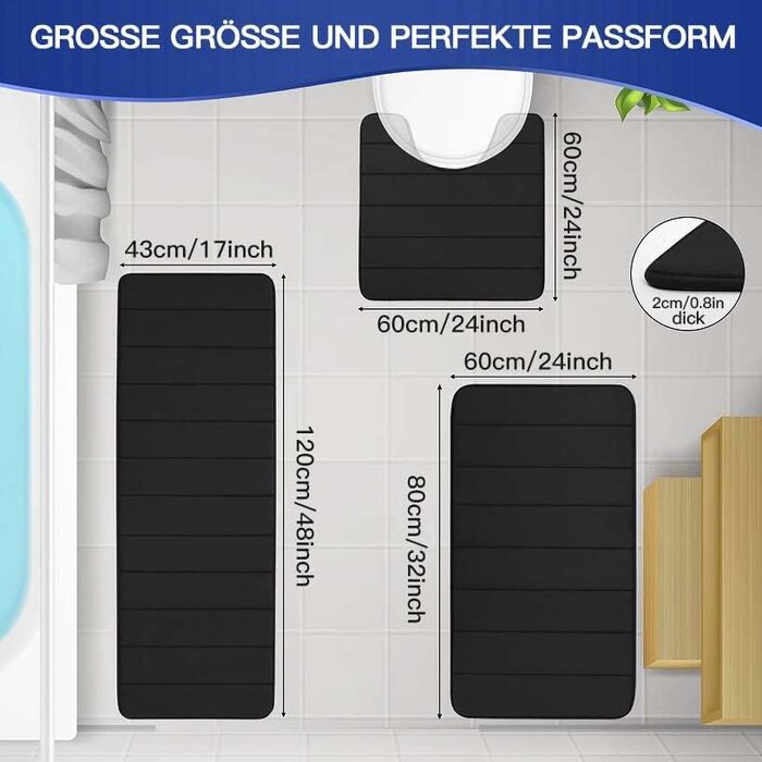 Килимок для ванної кімнати нековзний набір килимків для ванної кімнати з піноматеріалу з ефектом пам'яті Килимок для ванної супер м'який і вбираючий миється килимок для ванної кімнати для ванної, ванни і туалету ( ) (чорний, 60 х 80 U60 х 60 43 х 120 см)