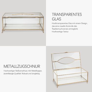 Скляна коробочка для серветок SLHEQING Gold - прямокутна, для ванної, вітальні, спальні, офісу (прозора)