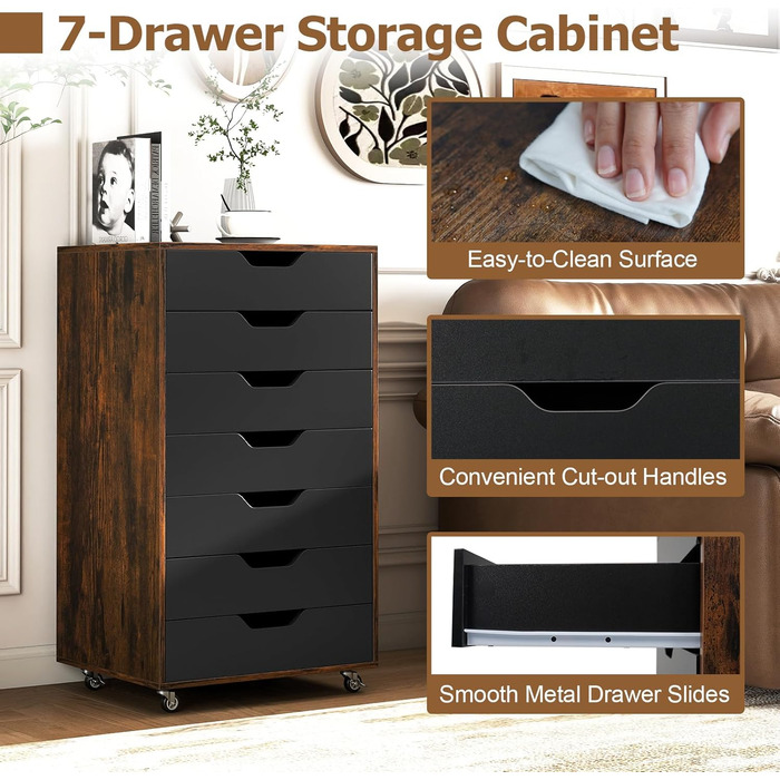 Роликовий контейнер GIANTEX з 5 висувними ящиками, комод на колесах під стіл, офісний шафчик для дому та офісу (білий, чорний + коричневий), 49 x 40 x 87 см