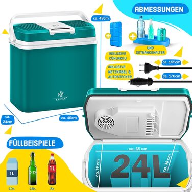 Автомобільний термобокс KESSER 24л: Електричний холодильник/грілка 12/230V для авто, човна, кемпінгу. Режими ECO та MAX. Зелений