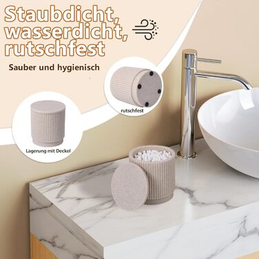 Набір для ванної кімнати 6 предметів: дозатор для мила, стаканчик для зубної щітки з підносом та коробочка для ватних паличок – смугастий дизайн, високоякісна смола (бежевий)