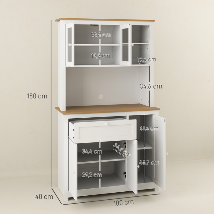 Кухонна шафа в сільському стилі: 1 скляна вітрина, 1 відкрита полиця, 1 висувна шухляда, 2 шафки, комбінація натурального дерева та білого кольору.