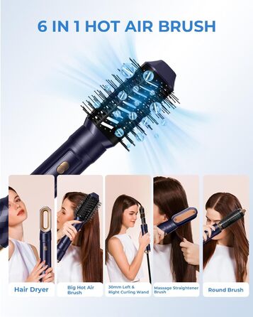 В 1 Ion Hairstyler, Фен, Щітка з теплим повітрям, Плойка, Щітка для випрямлення, синьо-фіолетовий, 6