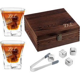 Набір каменів для віскі Maverton-в дерев'яній коробці з гравіюванням-8 кубиків льоду 2 склянки для віскі щипці оксамитовий мішечок-багаторазовий-металевий-подарунок для чоловіків- (ініціали)