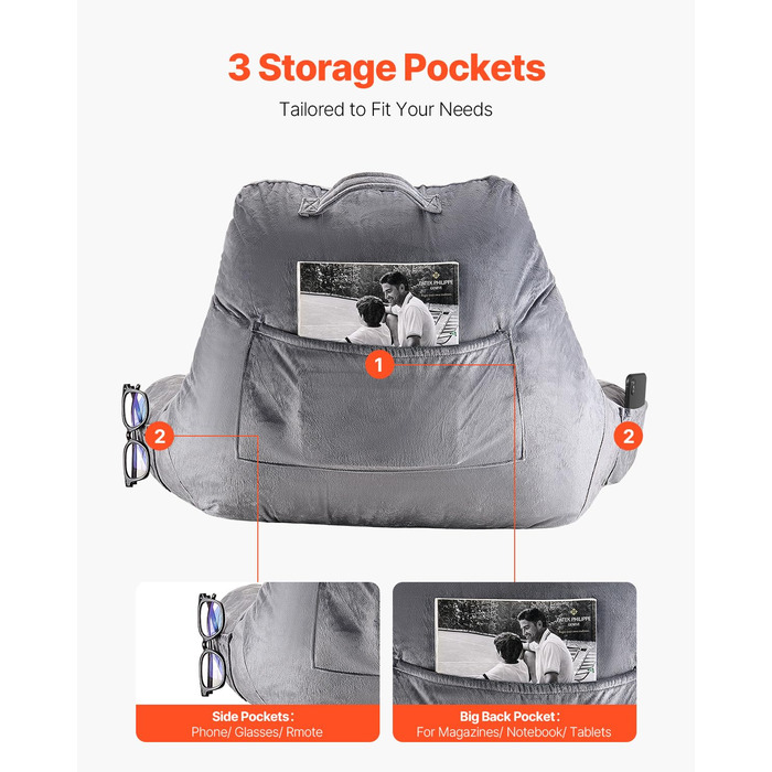 Крісло-мішок VEVOR з memory foam, з кишенями та чохлом з велюру, сіре - для читання, перегляду телевізора та ігор