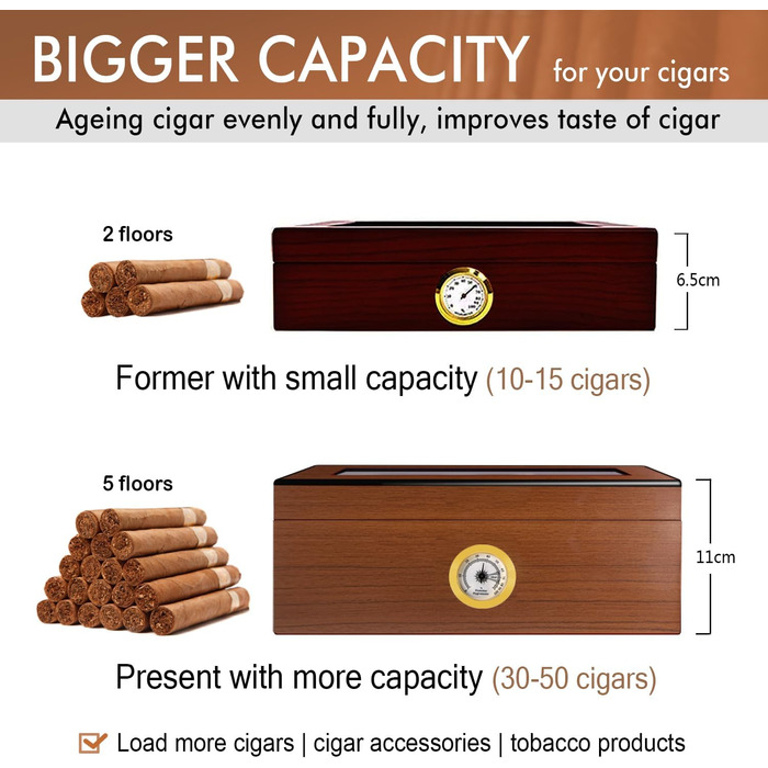 Вологозбережувач для сигар Slege, дерев'яний бокс з іспанської кедру, гігрометр, роздільники, аксесуари для сигар (30-50 сигар) (колір: коричневий)