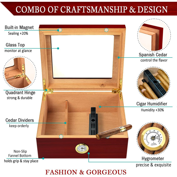 Вологостійкий вологомір для сигар, Humidor з іспанської кедру, коробка для сигар на 30-50 штук, аксесуар для чоловіків, подарунок (червоний)