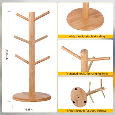 Тримач кавової кружки FOSFUKEER, бамбук, товсте дно, 6 гачків, підставка для кавових чашок, підстаканник, основний колір