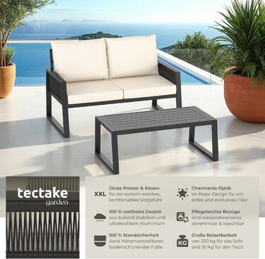 Набір садово-розсудних меблів tectake® Rope Design для саду/балкону: 2 крісла, диван, стіл з імітацією дерева, 4 посадочні місця, з подушками, вологостійкий