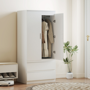 Шафа для спальні з 2 дверцятами, 2 висувними ящиками та 3 полицями, виготовлена з дерева, білого кольору