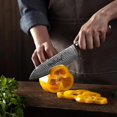 Японський ніж Santoku Wakoli EDIB з дамаської сталі (серцевина VG10), 17 см – гострий ніж для кухні та приготування їжі, преміум якість, з дерев'яною ручкою Pakkaholz, подарункова коробка з гравіюванням логотипу