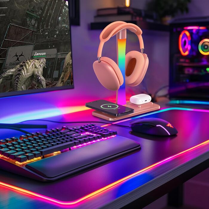 Підставка для навушників з бездротовим зарядним пристроєм, RGB-підсвічування, сумісна з AirPods Max, iPhone, Samsung, ідеальний подарунок для геймерів (Золото)