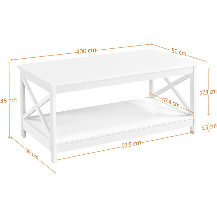 Журнальний столик Yaheetech Журнальний столик з 2 полицями Журнальний столик Х-подібна опора Дерев'яний стіл для вітальні Сучасний журнальний столик для вітальні/балкона/офісу, 100 x 50 x 45 см Білий