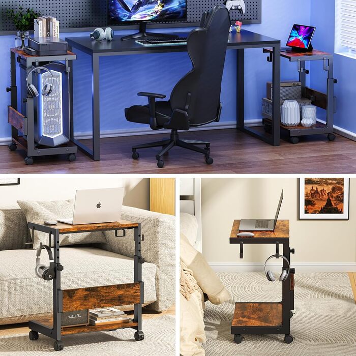 Регульована підставка для комп'ютера Tower з 2-ярусним корпусом ATX, підлоговий стійк, стійка для 3D-принтера з полицями, фіксуючі колеса, сумісна з більшістю комп'ютерів (темно-коричневий, W44 x D30 x H44-59.5cm)