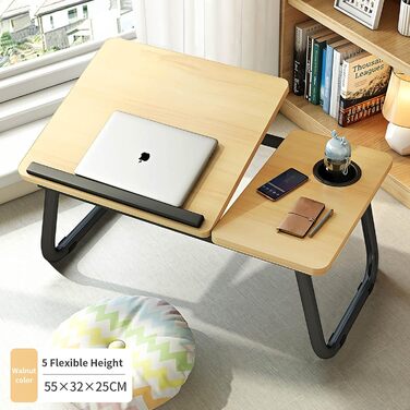 Столик для ноутбука та ліжка з регульованими ніжками та тримачем для чашки, підставка для ноутбука, піднос для сніданку, столик для читання на диван, ліжко, терасу, балкон (Білий, Горіх)