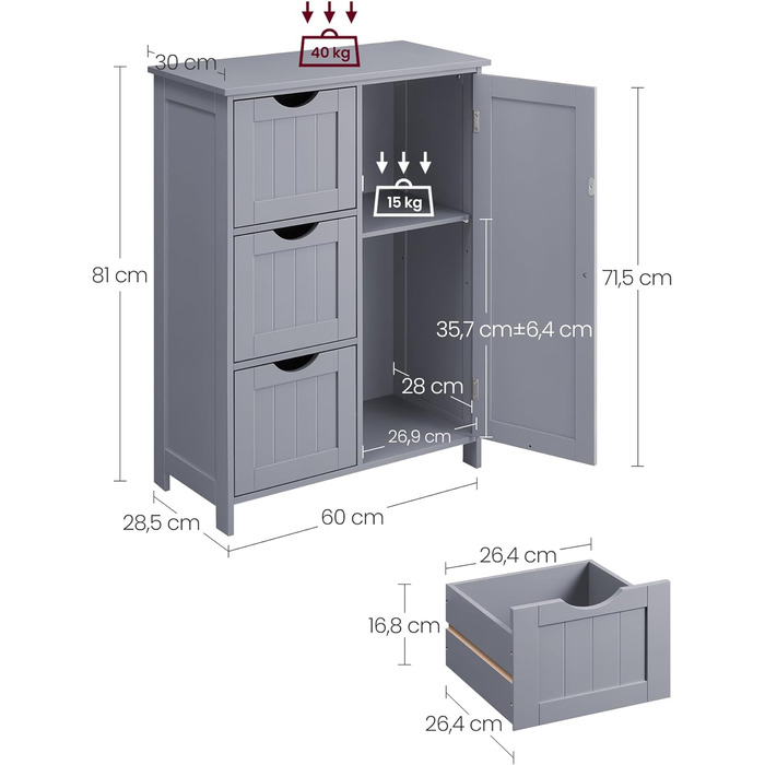 Вузька тумба для ванної кімнати, 3 ящики, дверцята шафи, регульована полиця, 30x60x80 см, Dove Grey
