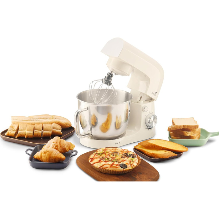 Кухонна машина SENYA 1500 Вт з чашею з нержавіючої сталі 5 л, 10 швидкостей + імпульсний режим, міксер, вінчик, гак в комплекті, захист від бризок з розділювачем яєць, тиха робота