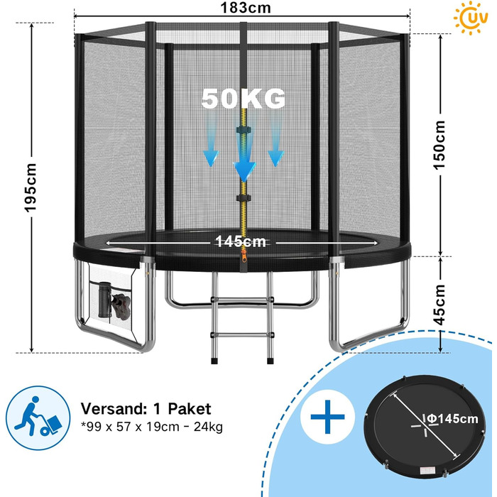 Батут Devoko вуличний Ø183/228/305/366/427 см з сіткою, драбиною та захисним покриттям для дітей та дорослих, сертифікат GS