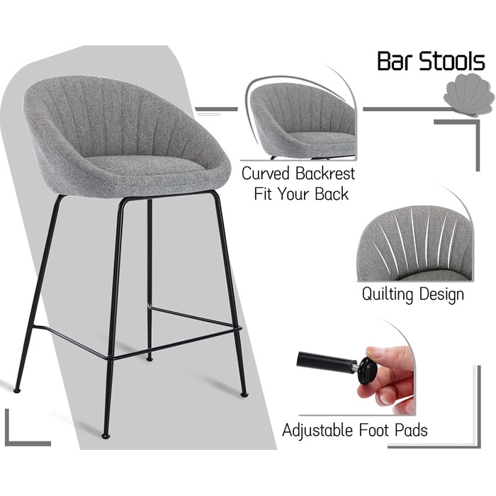 Набір з 2 барних стільців Chairus: міцний металевий каркас, сидіння з льону, для кухні/домашнього бару, сірий