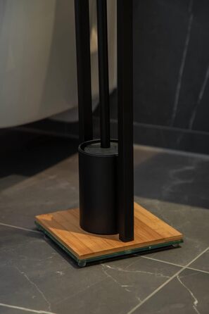 Набір для унітазу WENKO Bambusa, вкл. тримач для рулону та щітку для унітазу в стилі лофт, матова лакована сталь з важкою скляною стільницею в поєднанні з високоякісним бамбуком, 18 x 72,5 x 18 см, чорний/натуральний