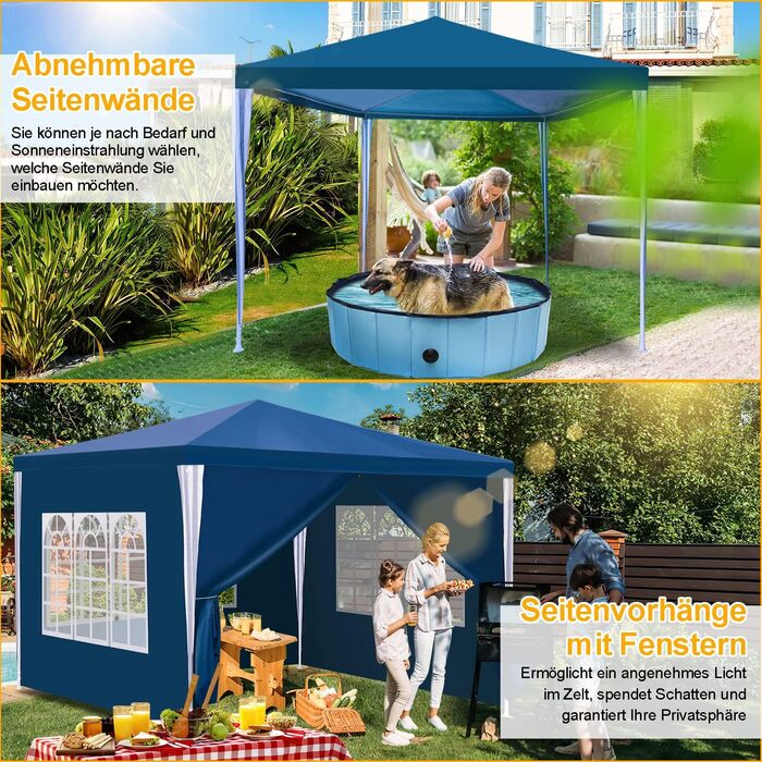 Альтанка Ізріелар, зелена водонепроникна садова альтанка 3x3 м з бічними панелями та вікнами, садовий шатр для вечірки, ринковий стенд, фестиваль, блошиний ринок і кемпінг (3x3M-Blue)