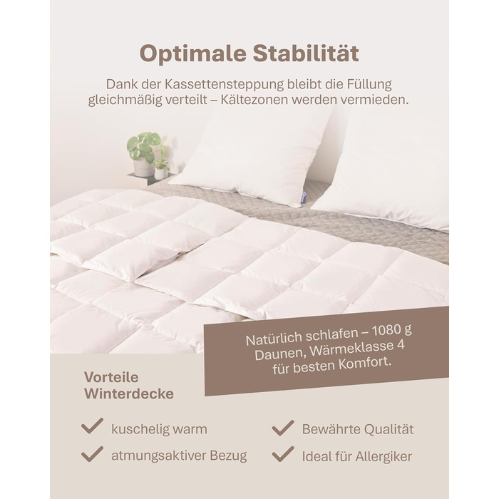 Зимовий ковдрик 135x200 см з пуховою начинкою 1080г - ковдра з бавовняним покриттям, дихаюча та придатна для прання до 60°C, сертифікат Ökotex