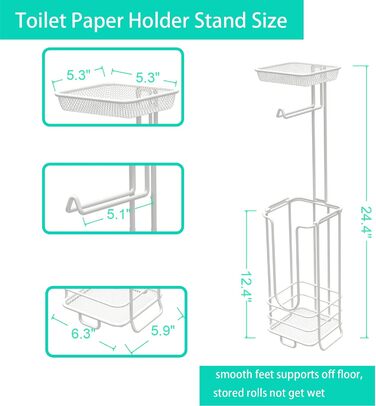 Тримач для кухонного рулону Стоячий тримач для серветок з нержавіючої сталі для зберігання туалетного паперу, тримач для кухонного рулону з нековзним дном Органайзер для рулонів з нержавіючої сталі (білий, вдосконалений з полицею)