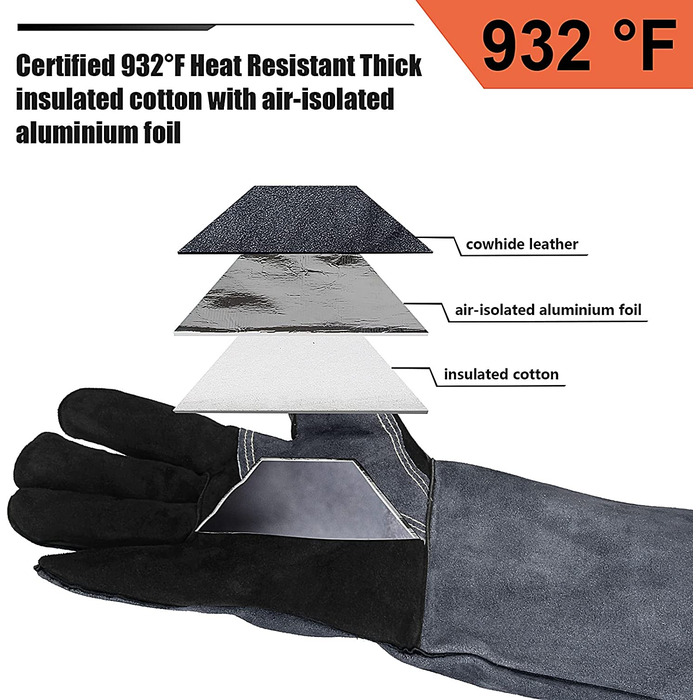 Розігрів рукавички для барбекю, 500 C термостійкі шкіряні рукавички для гриля (35,5 см, чорно-сірий)
