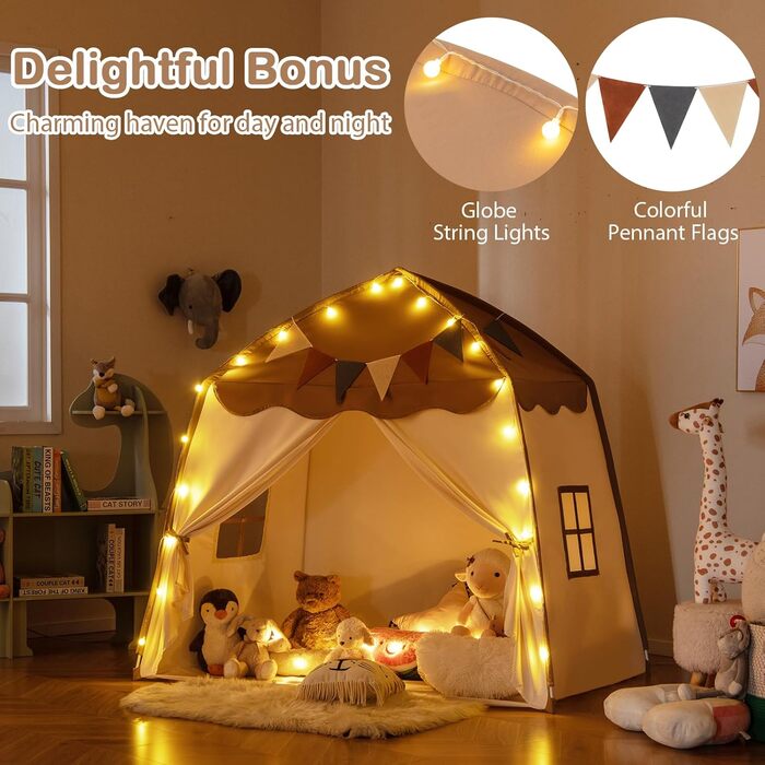 Дитяче намет-будиночок HOMASIS для гри в приміщенні, з 20 зірками, 12 стрічками, килимком, 2 вікнами та шторами, для дівчаток та хлопчиків (колір: коричневий)