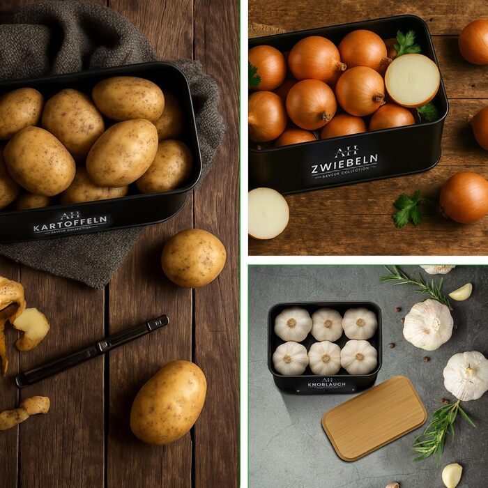 Набір коробок для зберігання картоплі та овочів AH® (4 шт.) з щіткою для овочів. Підходить для зберігання картоплі, цибулі та інших овочів. Чорний колір, преміум-якість.