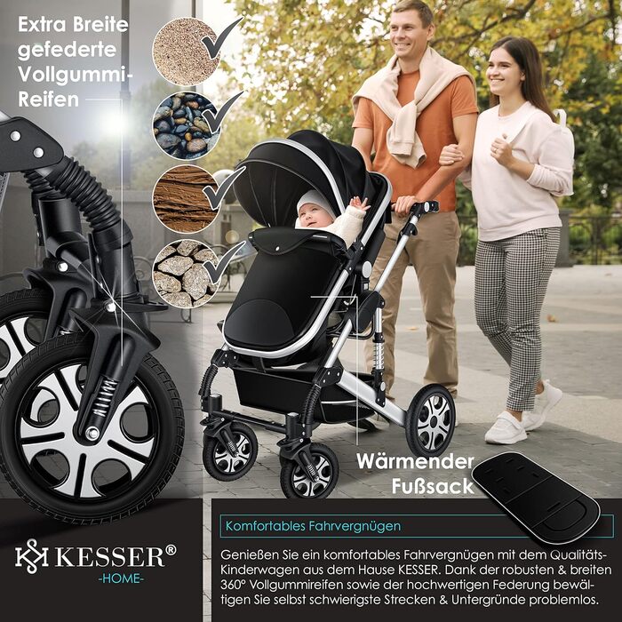 KESSER® Loops: Коляска 3-в-1 для дітей з люлькою, автокріслом та прогулянковим блоком. Комплект включає: автокрісло, люлька, прогулянковий блок, візок, колеса з повним покриттям, сумка для підгузків, дощовик, столик для дитини. Відповідає стандарту ECE R1
