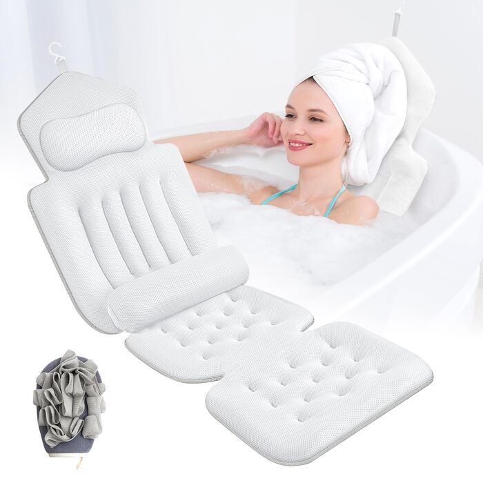 Подушка для ванни повномірна 134x41 см з підголівником та підтримкою попереку, швидковисихаюча, гіпоалергенна, з гачком та рукавичкою для ванни