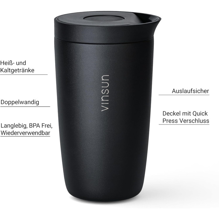 Термокружка VINSUN 350 мл, не протікає, з нержавіючої сталі, для гарячих та холодних напоїв, з Quick Press кришкою, для авто, університету (Чорний)