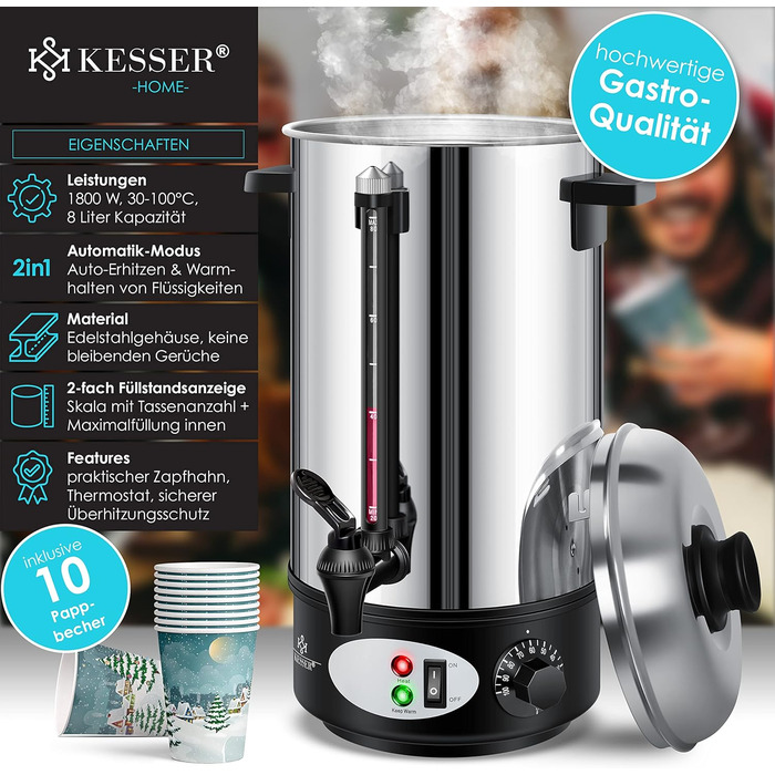 Глювайновий котел KESSER® 8L з нержавіючої сталі: котел для глінтвейну з термостатом, 10 склянок, дисплей рівня, кран, сріблястий