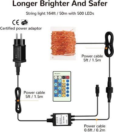 LED гірлянда на 50 метрів з 500 LED, мідний дріт, зірочки, димування, пульт, вологостійка, для саду, тераси, кімнати, святкова прикраса
