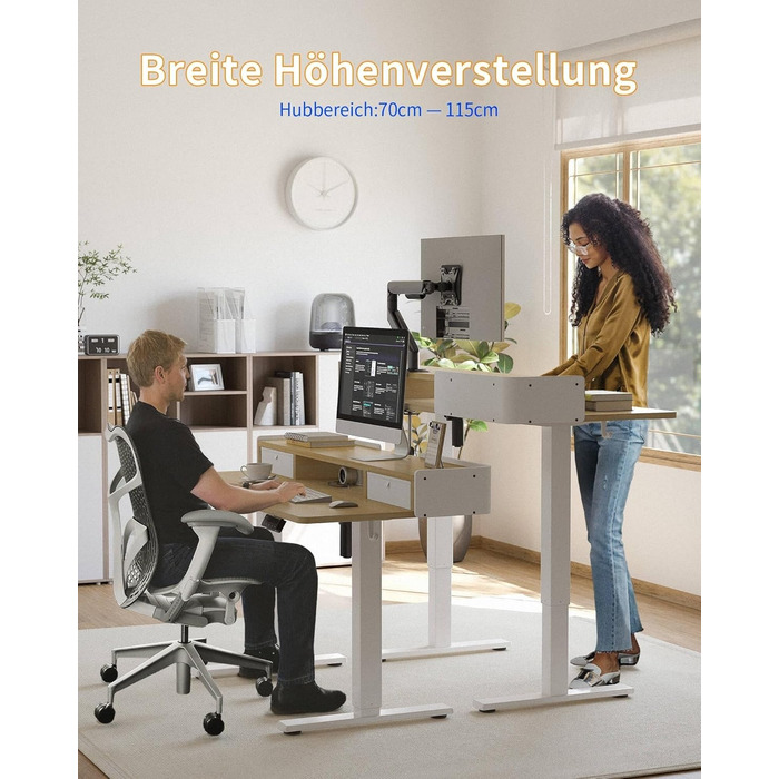 Електричний стіл YIHAYO з висувними ящиками та підставкою для монітора 120x60 см, регулювання висоти, пам'ять, Natural White, Natural поверхня