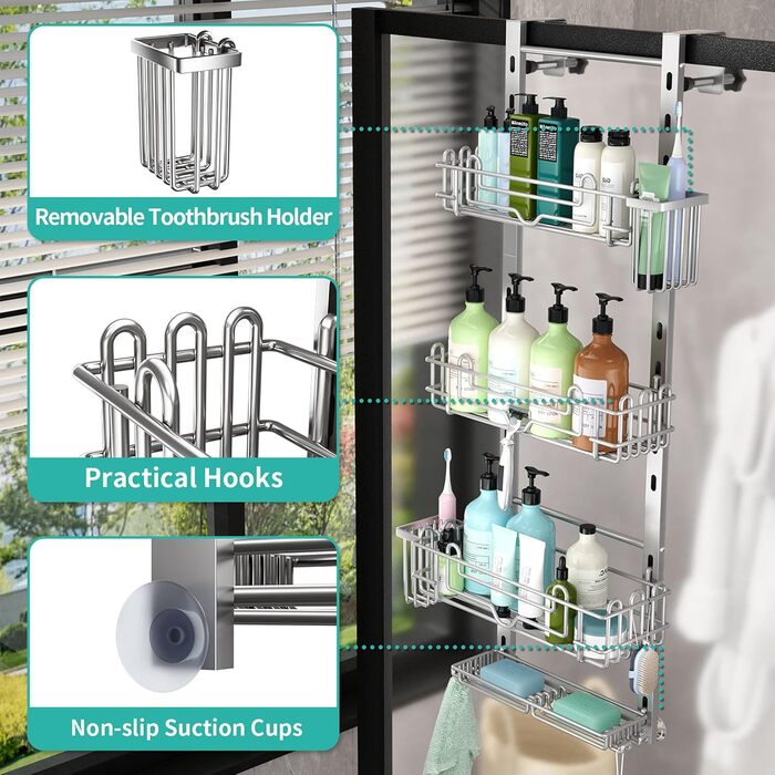 Настінна поличка для душу HapiRm з 4 ярусами, 22 гачками та 2 тримачами для зубних щіток (срібна)