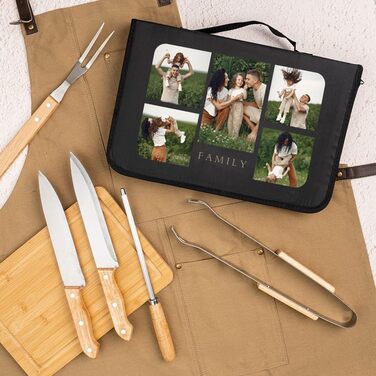 Wanapix Набір для барбекю з персоналізацією | 6 аксесуарів (2 ножі, заточувач, ніж для нарізання, щипці, бамбукова дошка)