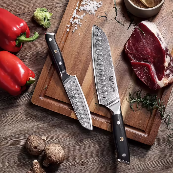 Набір кухонних дамаскових ножів PAUDIN, 3 предмети, ультрагострий Santoku з 67-шарової дамаської сталі з японським VG10 ядром, ергономічна ручка G10