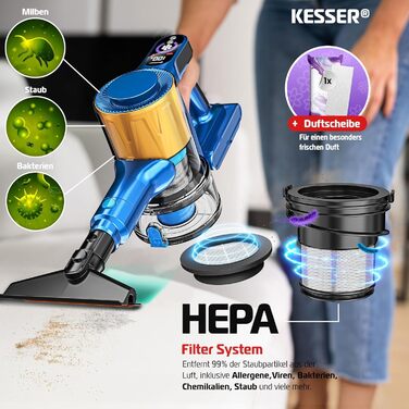 Бездротовий акумуляторний пилосос KESSER® з LED-дисплеєм, до 60 хвилин роботи, тихий, без мішка, з антинамотувальною щіткою, HEPA-фільтр, аромакарта (блакитний/золотий)