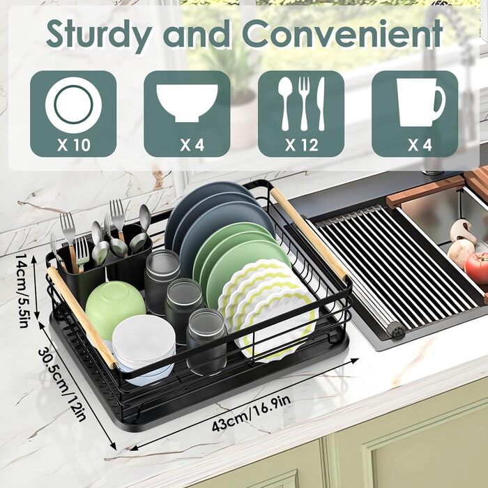 Сушарка для посуду Dreamhigh® з піддоном та контейнером для столових приборів, чорна, 43x30.5x14 см, для 3-5 осіб